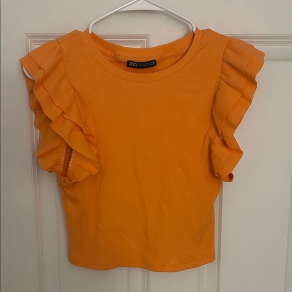 Zara Tops - Zara Orange Ruffle Crop Top size medium sleeveless ribbed shirt cotton blend